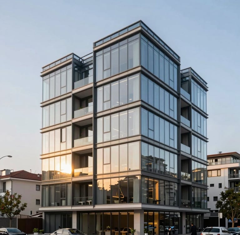 Professional architectural photography of a modern luxury glass residence in Istanbul, soft golden hour sun reflecting off the facade, 35mm