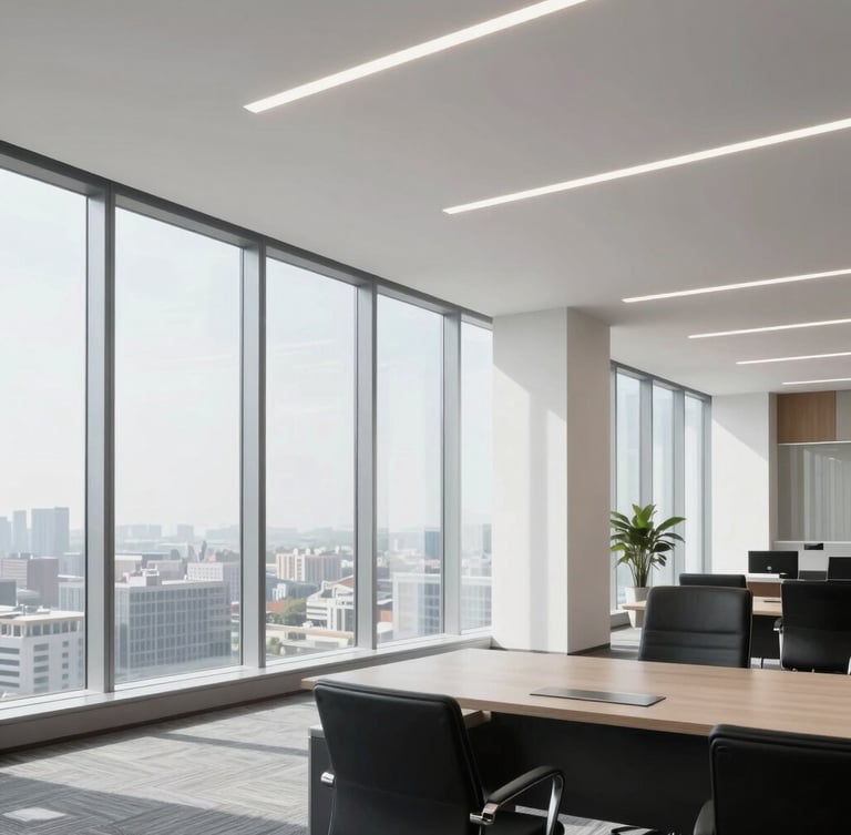 Professional real estate office interior in Istanbul, clean modern lines, large windows with soft daylight, high-end corporate editorial style, 35mm