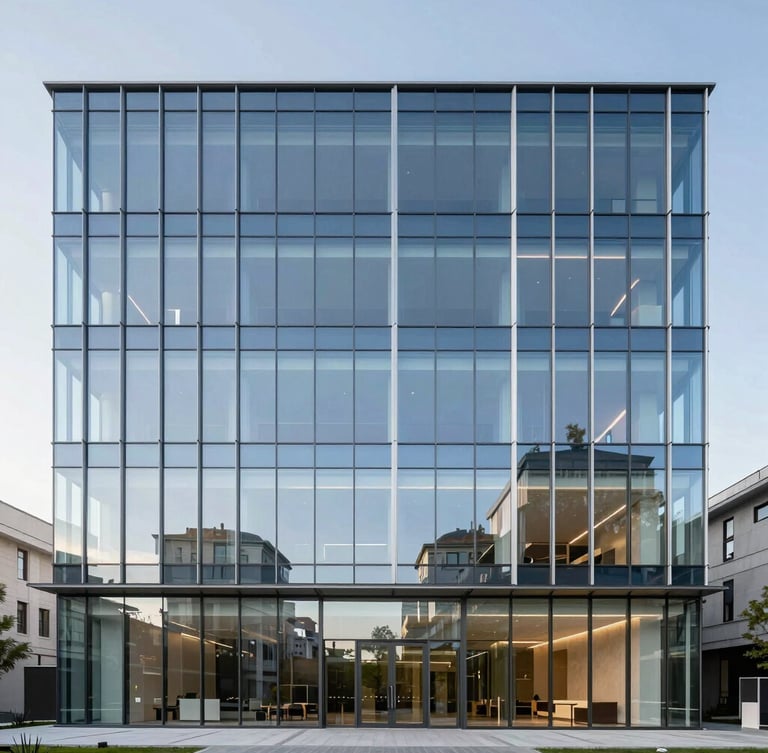 Bright modern commercial glass building in Istanbul, clean reflections, straight-on architectural photography, high-end real estate editorial style