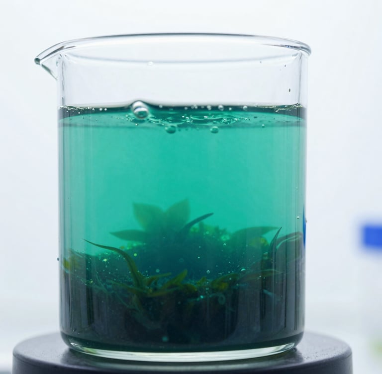 Crisp scientific photography of a sterile laboratory glass photobioreactor with bubbling emerald green microalgae cultures, high-key white background, cool laboratory lighting, 50mm macro detail.