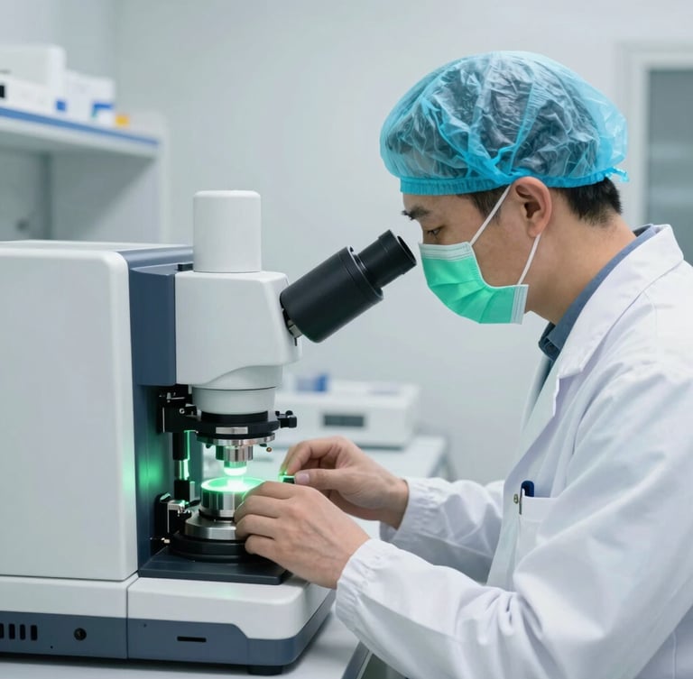 A clinical researcher in sterile cleanroom gear operating an analytical mass spectrometer, cool laboratory light with subtle green bioluminescence, 50mm.