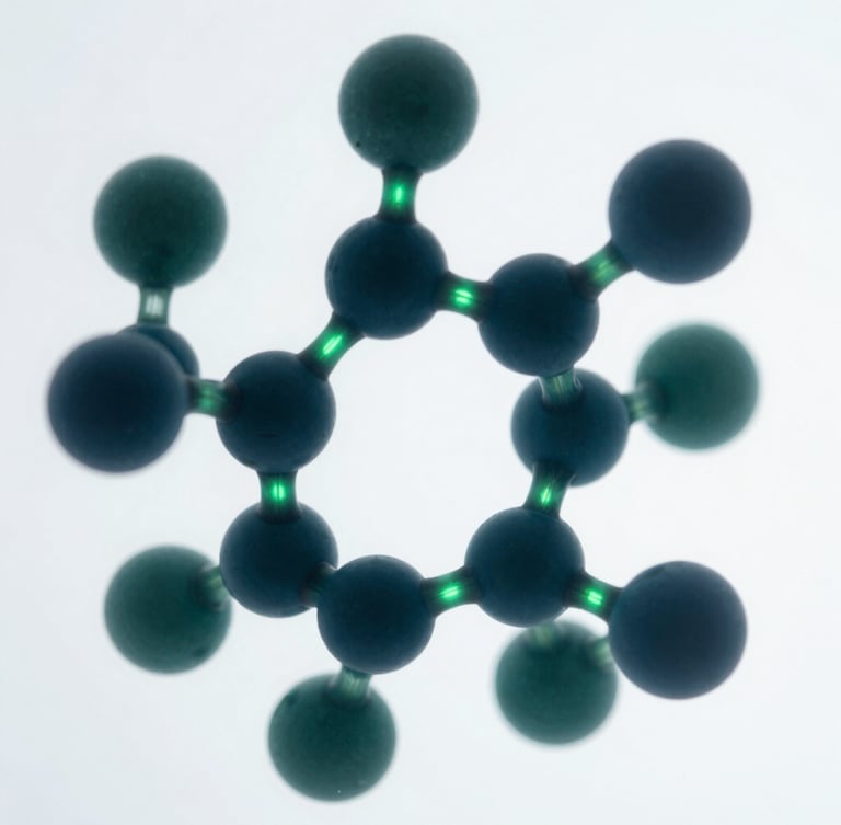 Macro close-up of complex molecular structures of microalgae bioactive compounds, illuminated by subtle green bioluminescence against a sterile white backdrop.