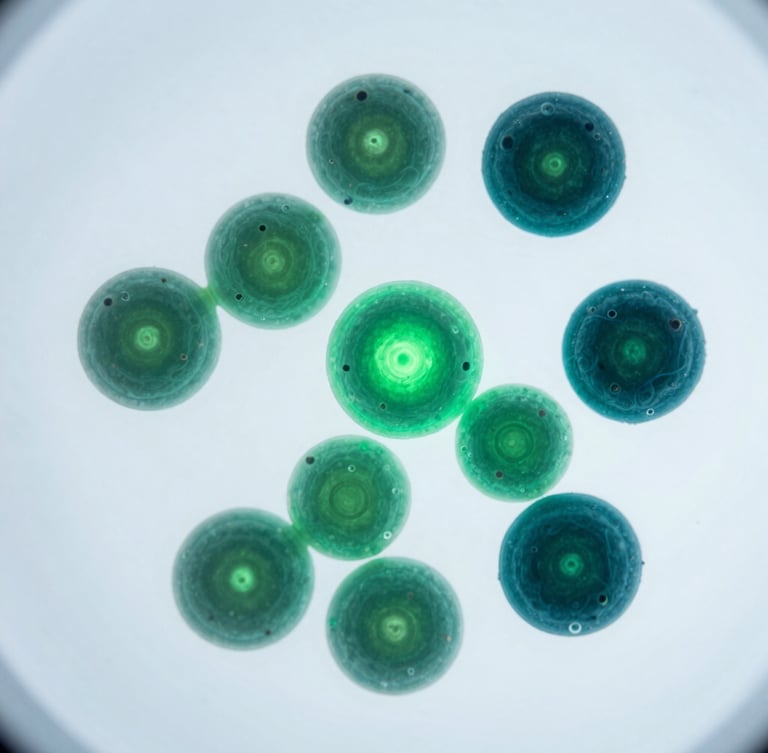 Macro close-up of microscopic cellular microalgae structures, glowing with subtle emerald and deep teal bioluminescence under cool, crisp laboratory light, sterile white background, 50mm.