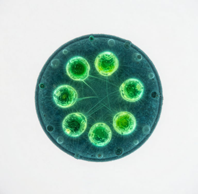 High-magnification microscopic view of cellular microalgae dividing, glowing with vibrant emerald bioluminescence, crisp laboratory details, 50mm