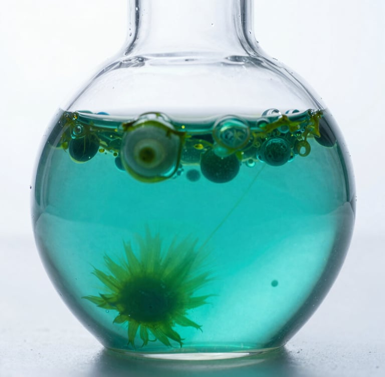 Macro close-up of a sterile glass photobioreactor with bubbling emerald green microalgae cultures, cool crisp laboratory lighting, high-key white backdrop, 50mm.
