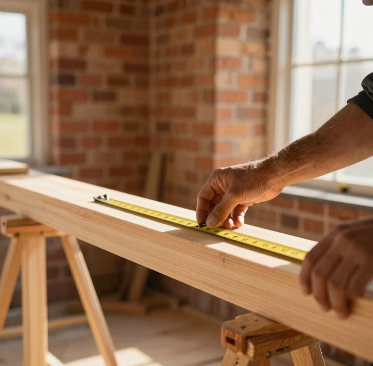 A close-up editorial shot of a carpenter measuring a sustainable timber beam inside a sunlit, partially renovated historic brick building, warm daylight, 35mm lens