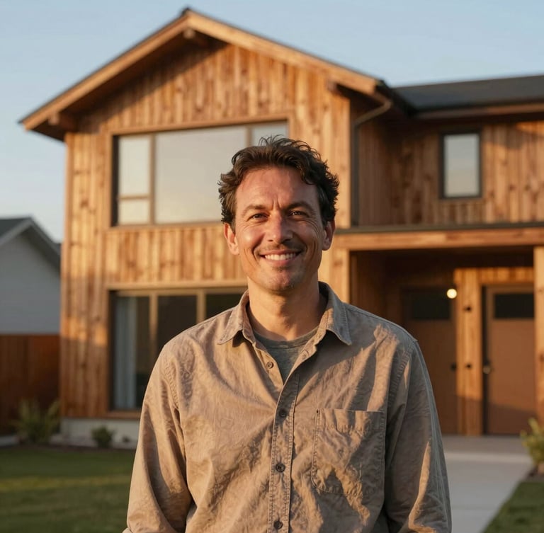 A warm environmental portrait of a resident smiling in front of a modern, energy-efficient home with cedar cladding, soft golden hour sunlight, 35mm lens