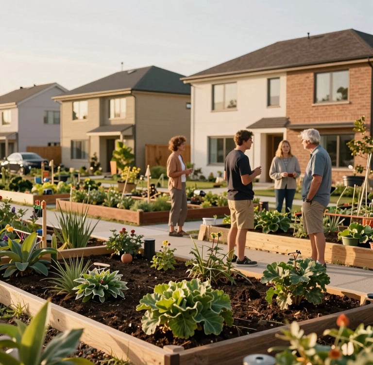 A vibrant community garden in front of newly completed sustainable homes, neighbors talking under warm daylight, 35mm lens