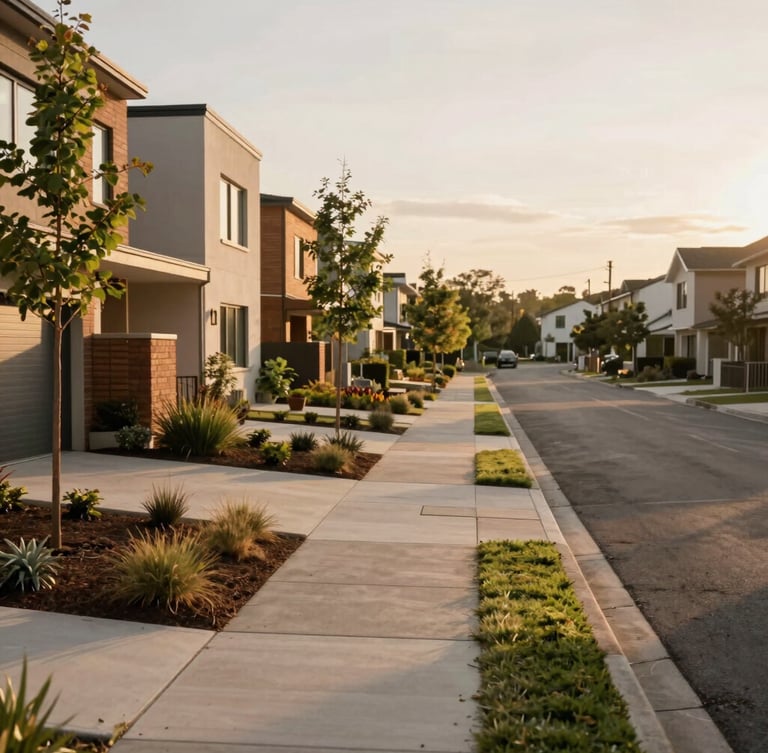 Wide shot of a newly rehabilitated residential street showing modern energy-efficient houses, clean sidewalks, young trees, and soft daylight, 35mm lens