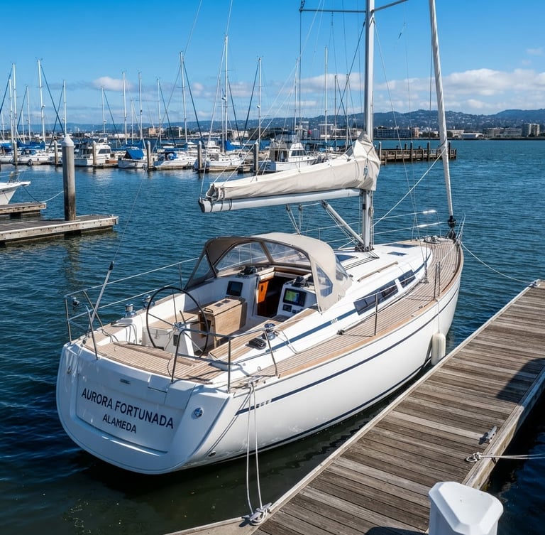 A crisp maritime photograph of the 2024 Bavaria 34 sailboat Aurora Fortunada docked at Fortman Marina in Alameda. Bright afternoon sun, deep blue water, high-contrast clean whites of the hull, wide-angle lens showing the modern rigging and teak deck.