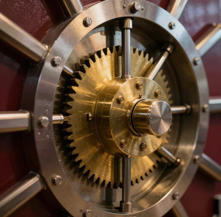 Macro close-up of a heavy steel vault locking mechanism, warm gold light reflecting off polished brass gears, deep wine-red shadows, architectural precision.