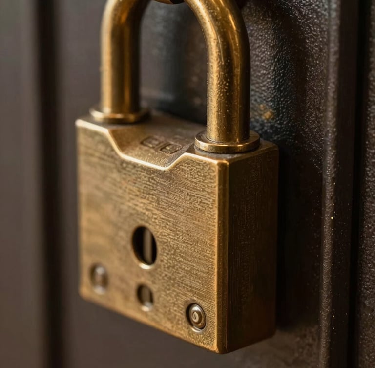 Macro close-up of a heavy bronze vault locking mechanism, warm gold highlights cutting through deep shadows, high-end private banking atmosphere