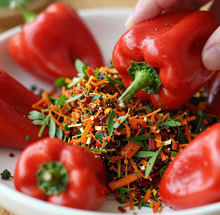 A close-up macro shot of vibrant red scotch bonnet peppers and fresh green herbs being ground into traditional Haitian epis, natural morning light