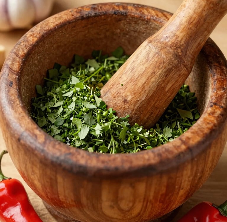 Close-up macro shot of fresh green epis being ground in a traditional wooden mortar and pestle, vibrant green herbs, garlic cloves, and bright red scotch bonnet peppers, warm natural light.