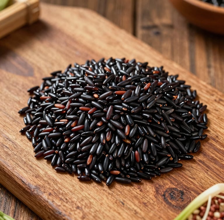 Overhead flat-lay of traditional Haitian griot and black rice on a rustic wooden table, bathed in warm natural Florida sunlight, rich saturated colors, shallow depth of field.