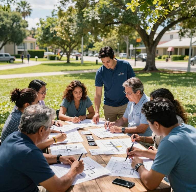 Bright sun-drenched outdoor planning session in a South Florida park, diverse community organizers reviewing architectural layouts on a wooden table, fresh green and blue tones, 35mm