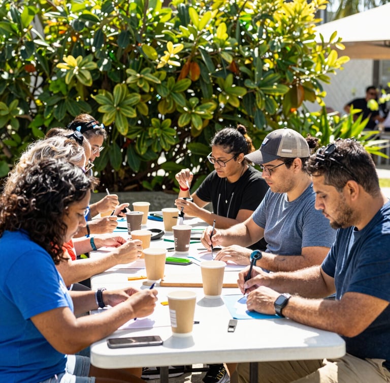 Vibrant outdoor community workshop in South Florida, diverse people collaborating around a table, bright natural sunlight, fresh green foliage in background, 35mm