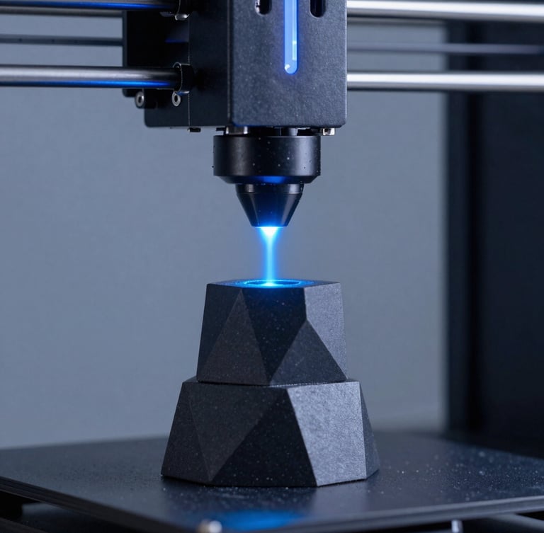 Macro shot of a high-tech industrial 3D printer nozzle emitting a precise cyan laser beam onto a modern dark geometric sculpture, cool studio lighting with blue neon accents, 35mm