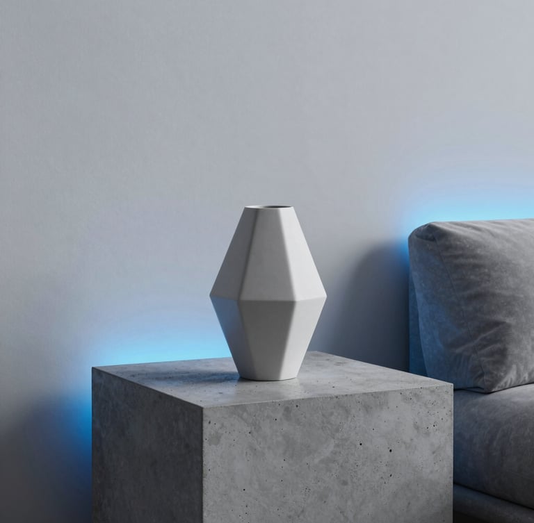 Minimalist modern living room with a custom geometric vase on a concrete side table, cool crisp studio lighting with subtle blue neon edge-lights, sharp focus, 35mm