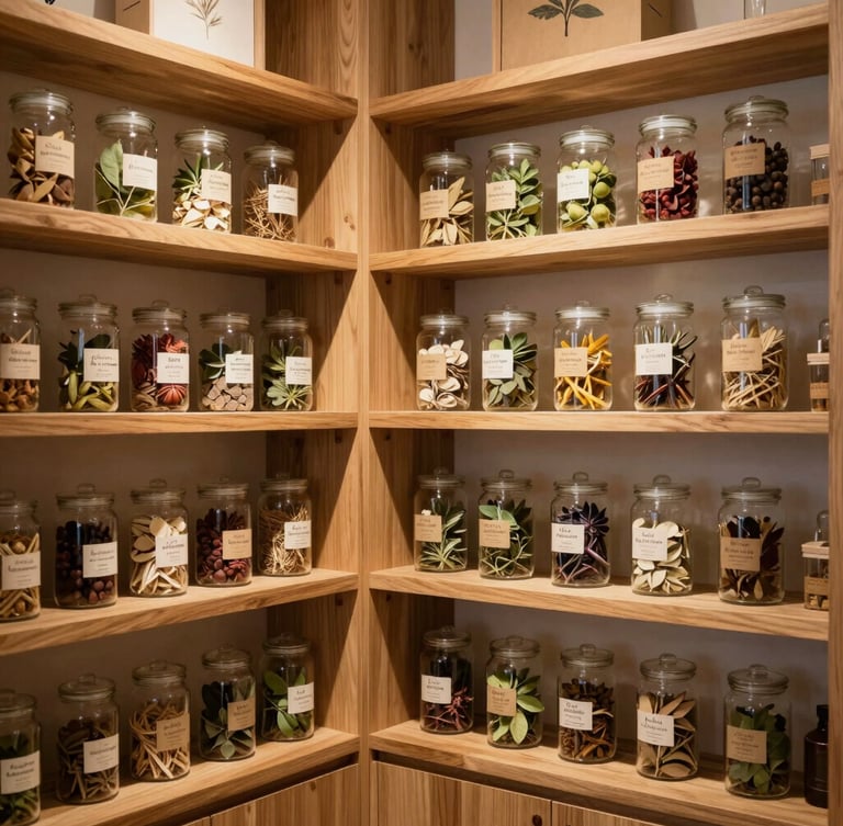 Warm interior of a modern apothecary with clean wooden shelves, neatly arranged botanical jars, and soft warm lighting
