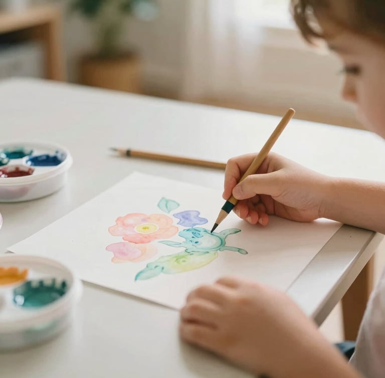 Child's hands painting with watercolors on a low table in a sunlit room, gentle pastel tones, candid 35mm, shallow depth of field