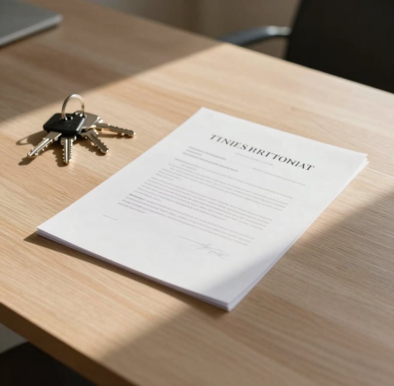 Minimalist real estate agent desk in Warsaw, clean wooden table surface, keys, and simple legal documents under warm side sunlight.
