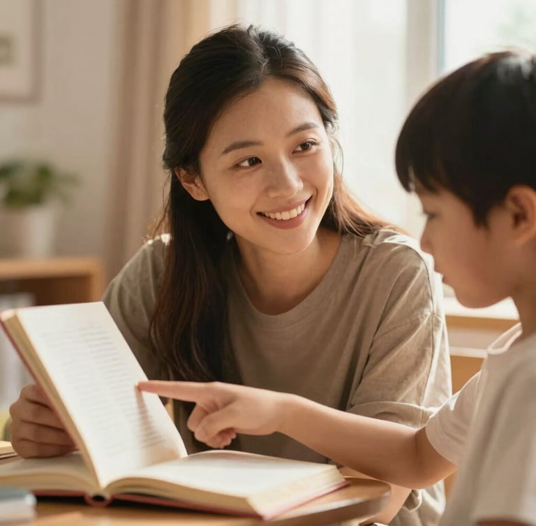 Candid medium shot of a mentor smiling warmly as a child points to a book, soft window light, warm terracotta accents, shallow depth of field.