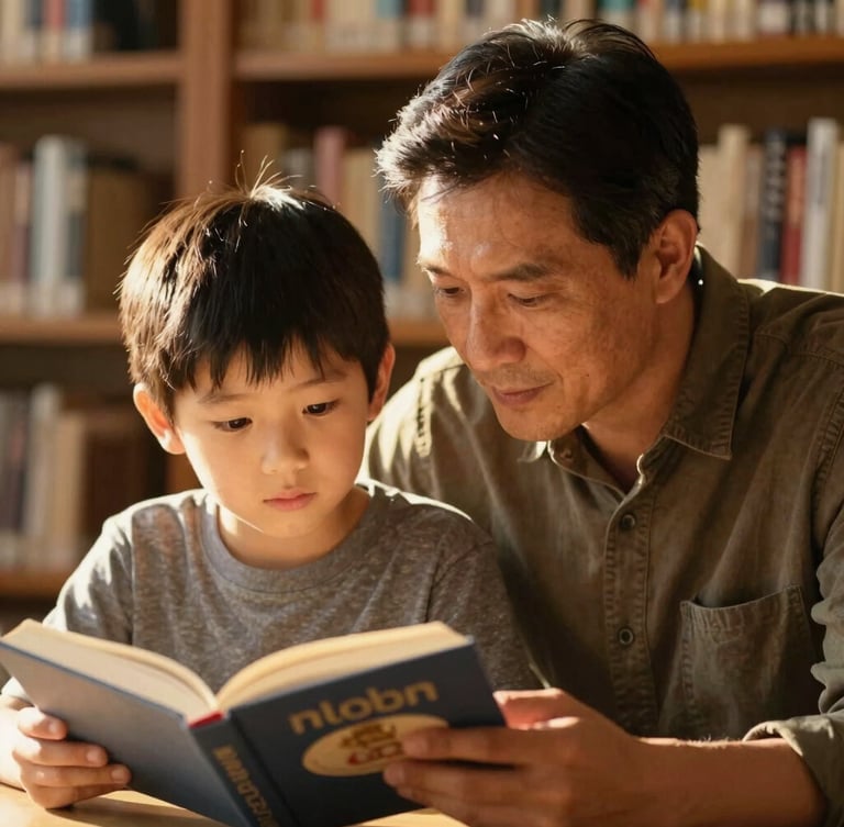 A warm, sun-drenched close-up of a mentor and a young boy reading a book together in a library filled with natural golden-hour light, focusing on their expressions of quiet concentration.