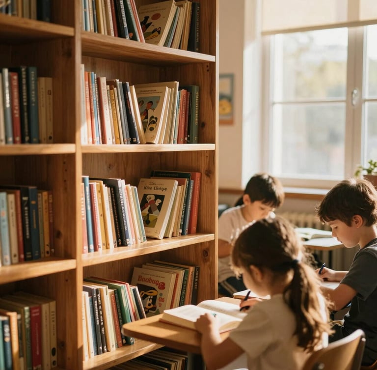 Warm study space filled with children's books on wooden shelves, golden-hour light streaming through a window, rich organic tones.