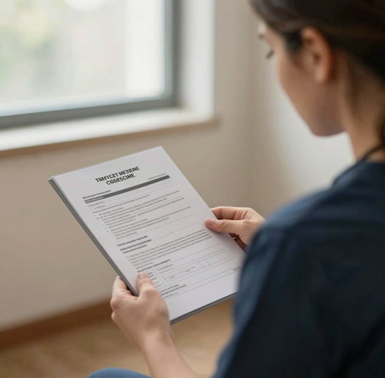 Over-the-shoulder perspective of a care home manager reviewing compliance documents with slate gray and navy tones, soft window light, professional atmosphere