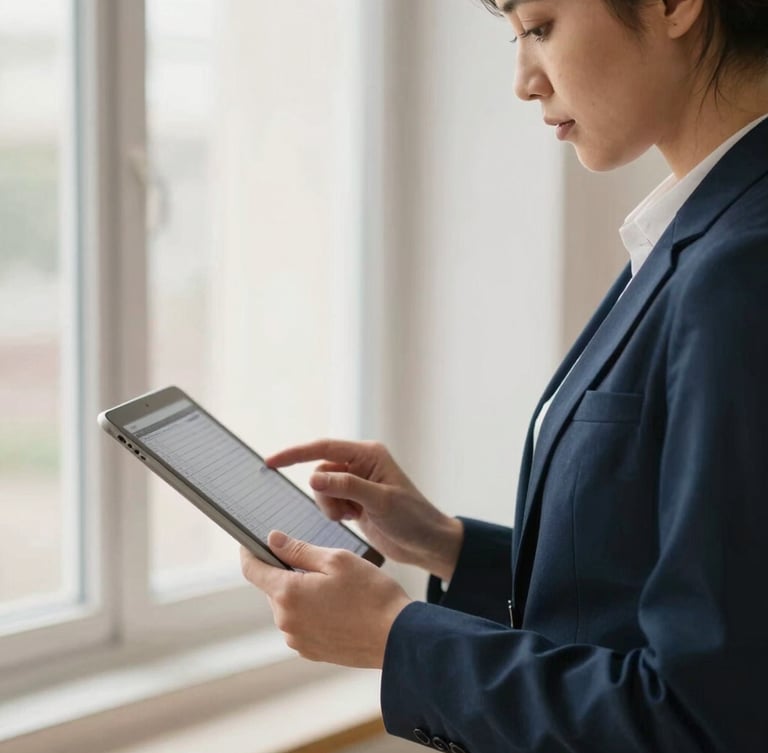 Medium close-up of a professional care home manager in a navy blazer reviewing floor rotas on a tablet near a bright window, soft natural lighting, editorial corporate photography style.