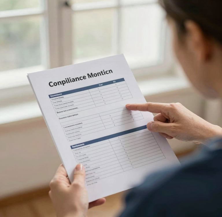 A close-up over-the-shoulder shot of a care home manager pointing to a structured compliance document. The paper has clear headings, natural morning light, professional and precise atmosphere.