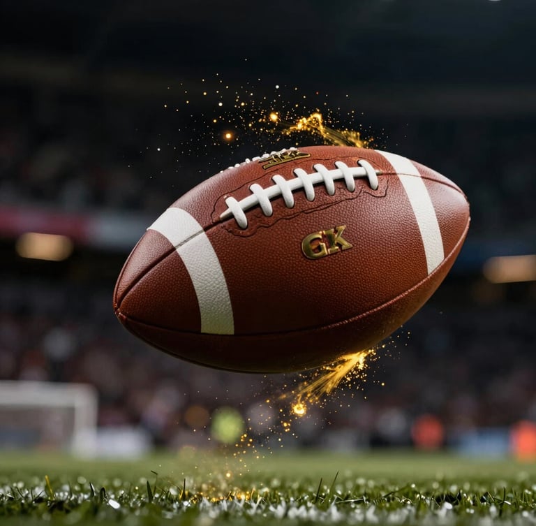 Close-up of a professional football spinning mid-air, dynamic motion blur, glowing gold particles, dark stadium background, high-contrast lighting