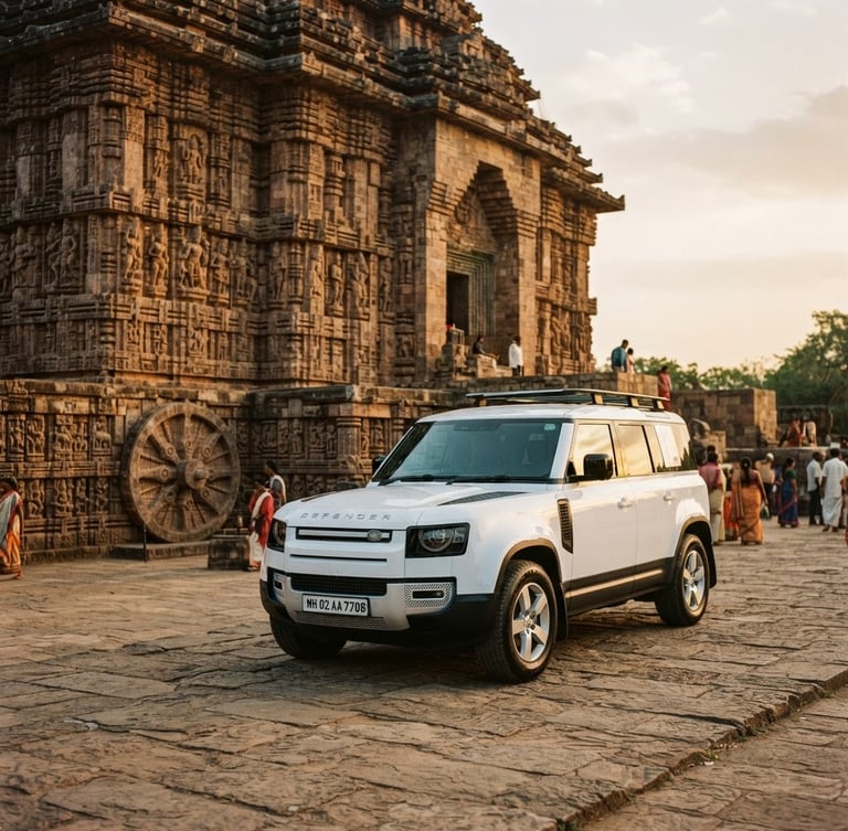 A clean, modern white SUV parked near the ancient stone carvings of Konark Sun Temple, soft golden-hour sunlight reflecting on the polished car hood, warm editorial travel photography, wide-angle lens, 35mm film look.