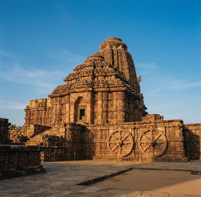Wide shot of the Konark Sun Temple, intricate stone carvings bathed in warm golden-hour sunlight, clear blue sky, from a slightly low angle, no people visible.