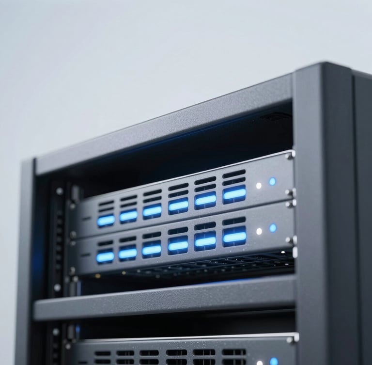 Close-up of a sleek modern server rack interface, soft blue and white status lights, bright minimalist tech photography, soft diffused daylight, clean light gray background, 35mm