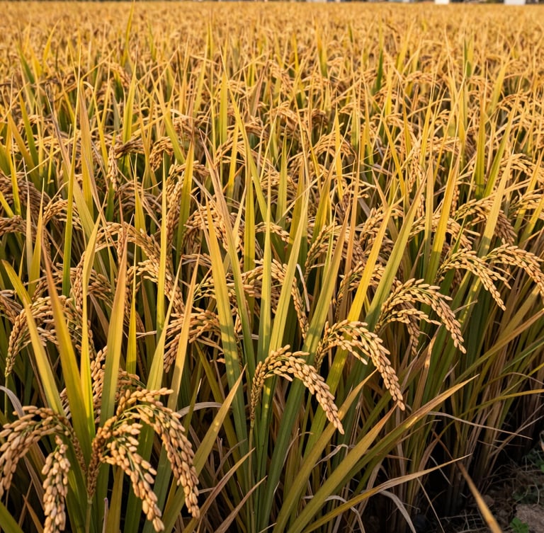 Wide-angle editorial shot of golden rice fields during harvest in the Indus basin, warm golden hour sunlight, 35mm photography