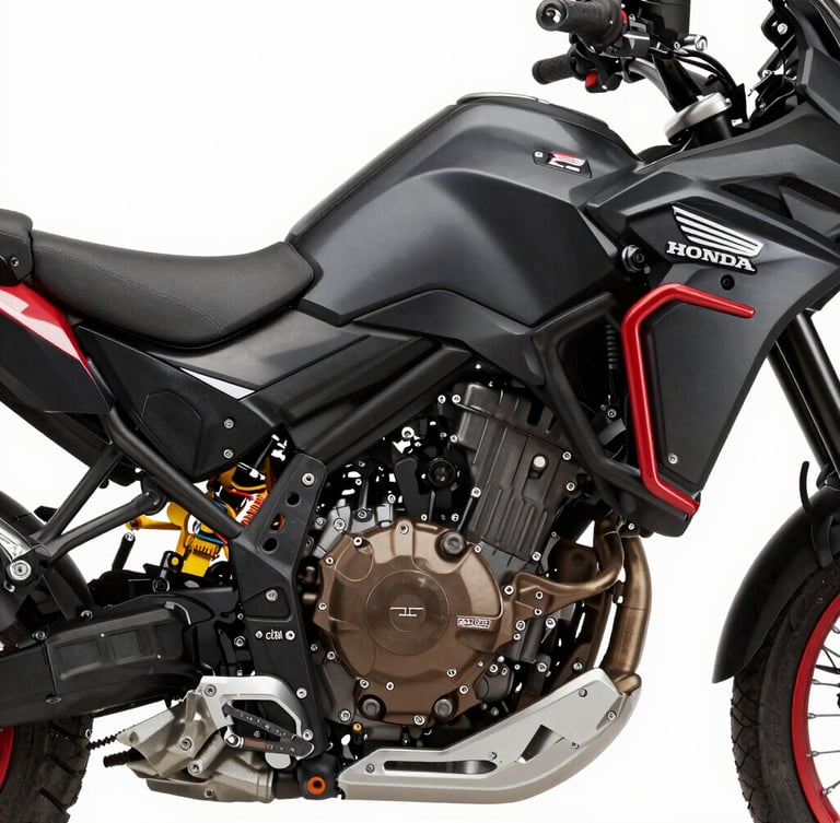Close-up profile of a pristine matte black Honda adventure motorcycle, highlighting the precision-engineered engine and red accents, studio lighting