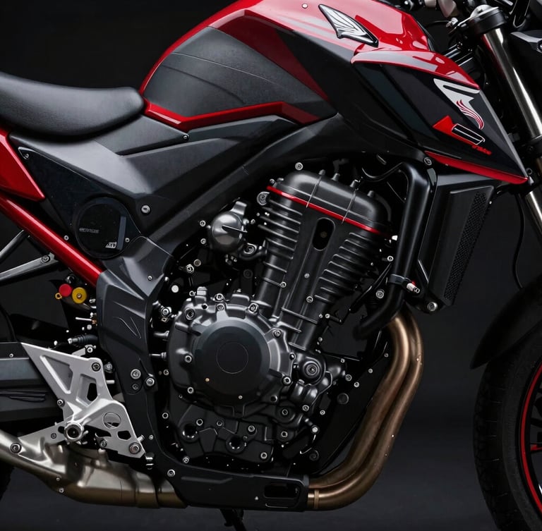 Low-angle sharp automotive photography of a pristine Honda motorcycle engine, high-contrast studio lighting, deep blacks with vivid red accents, 50mm lens