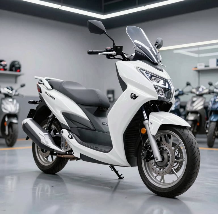 Prístina motocicleta Honda de alta cilindrada estacionada en un taller de alta gama con iluminación blanca y brillante, piso gris pulido impecable.