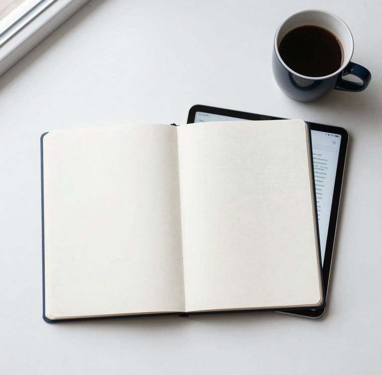 A minimalist overhead flat-lay of an open paper notebook, a sleek modern tablet displaying text, and a dark ceramic coffee cup on a clean white desk, soft natural morning side-light.