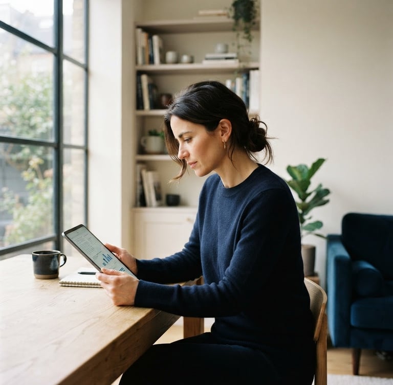 Portrait of a focused professional reading on a tablet in a sunlit, minimalist room, soft natural window light, deep blue tones, clean editorial photography, 35mm lens.