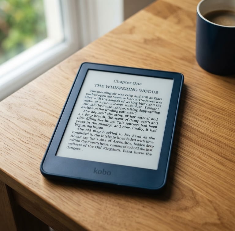 Close-up of a modern e-reader screen displaying clean typography, resting on a wooden desk under soft natural morning window light, deep blue tones