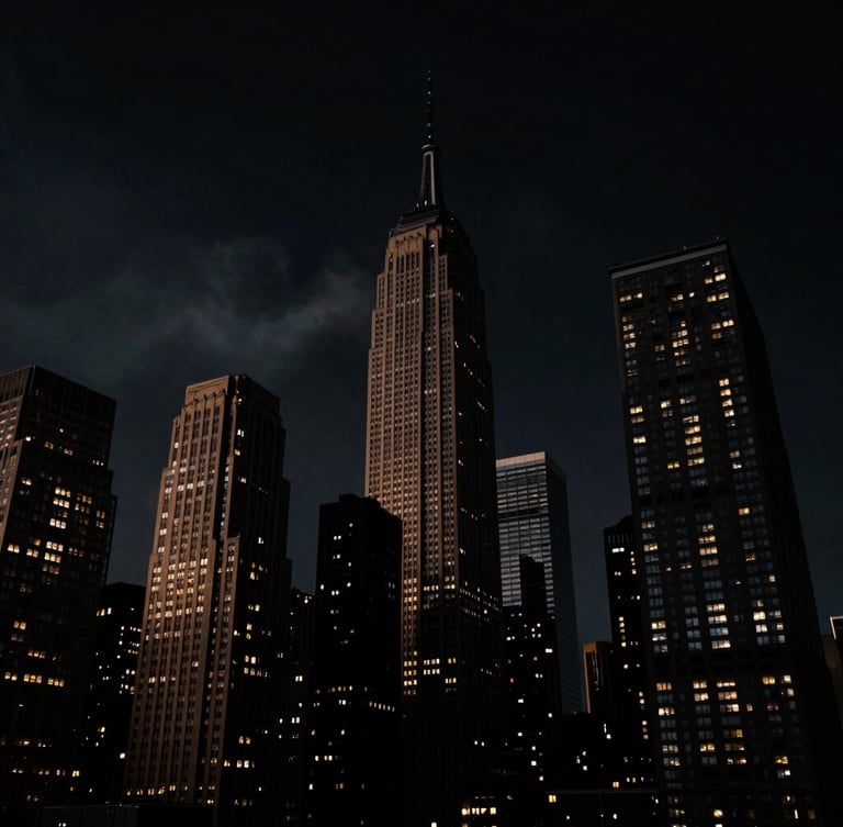 Low-angle cinematic shot of the NYC skyline at midnight, high-contrast chiaroscuro, deep shadows with subtle golden rim lighting on skyscrapers, atmospheric smoke haze, anamorphic lens