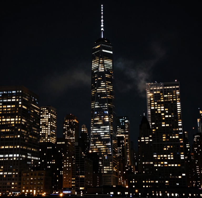 Cinematic low-angle shot of the New York City skyline at night, deep shadows, golden window lights, subtle smoke haze, 35mm anamorphic lens