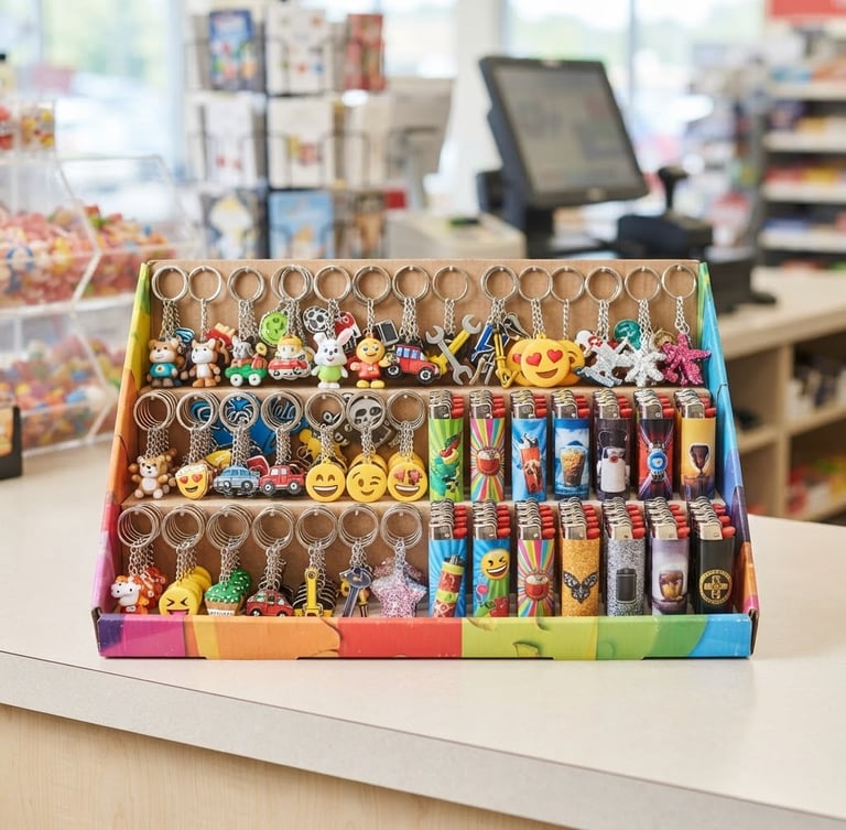 Straight-on product shot of a pre-packed cardboard counter display box filled with colorful novelty keychains and lighters on a clean convenience store checkout counter, bright high-key commercial lighting.