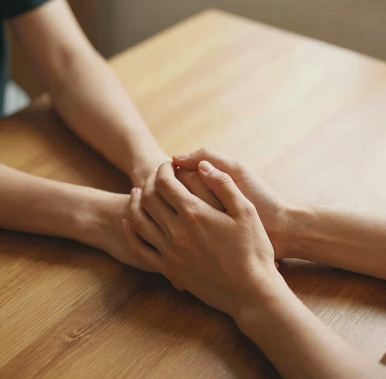 Warm editorial photograph of hands holding hands on a wooden table, soft golden-hour ambient glow, nostalgic muted tones, close-up detail