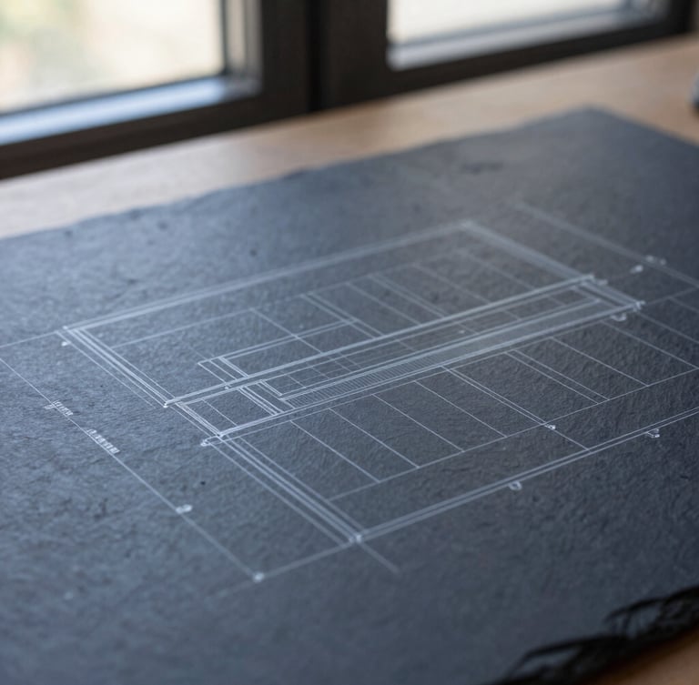 Extreme close-up of a structured architectural blueprint on a slate desk, sharp technical lines, deep navy and slate gray tones, soft natural window light, Hasselblad medium format.