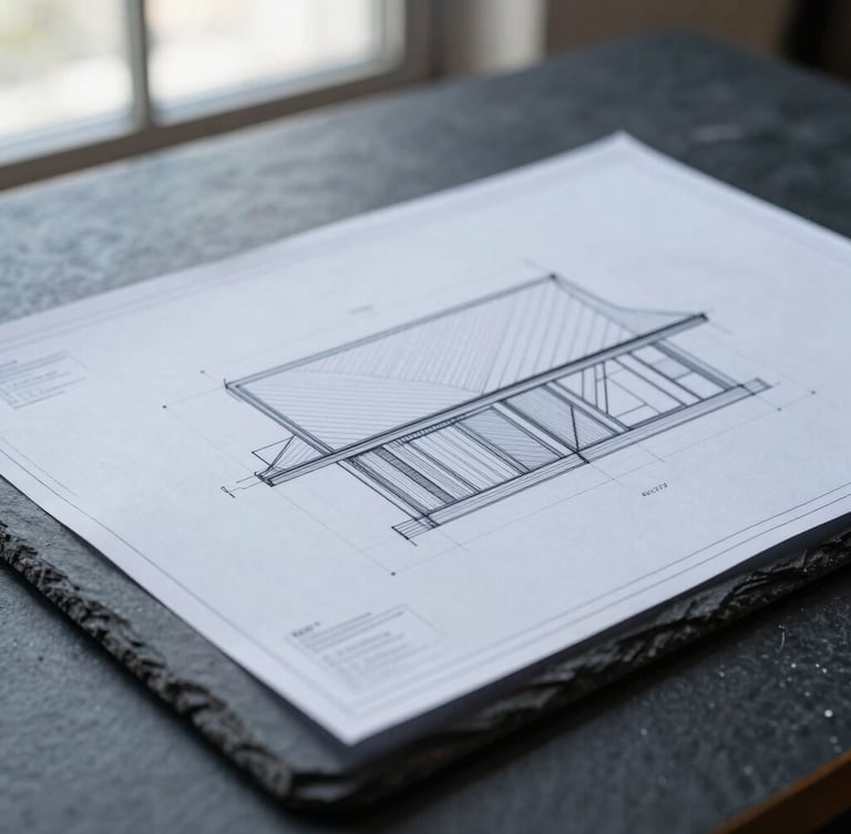 Extremely sharp architectural close-up of physical blueprint drawings laid out on a dark slate table, soft side light, technical drawing lines, Hasselblad medium format