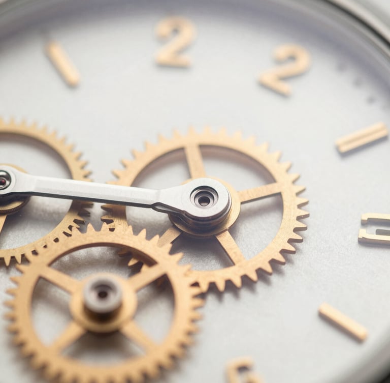 Macro detail shot of fine watch gears under bright, natural daylight, warm ochre highlights, clean architectural composition, 35mm lens